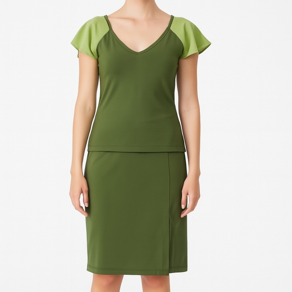 Anni Kuan‎ Small V-Neck Green Color Block Blouse Split Sleeve Pencil Skirt Set - Picture 1 of 13